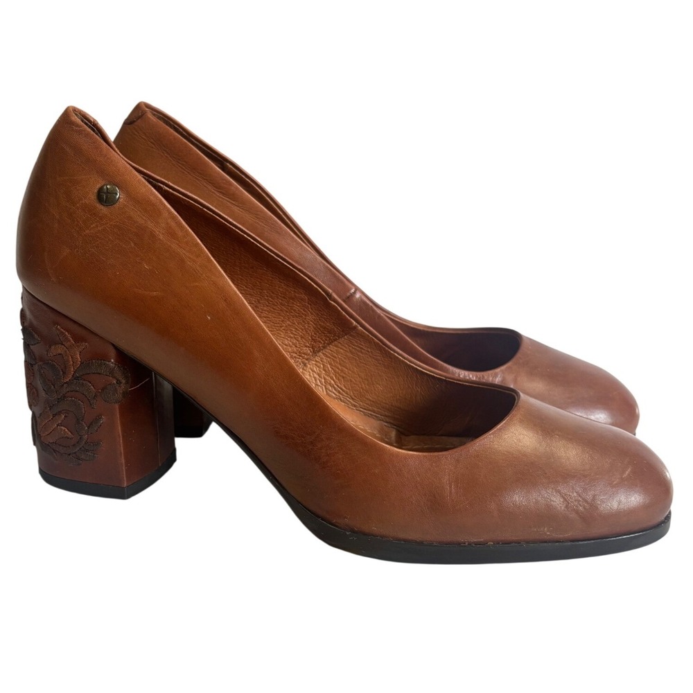 Pikolinos Pumps Womens 8.5 Brown Leather Embroidered Floral Block Heel Round Toe